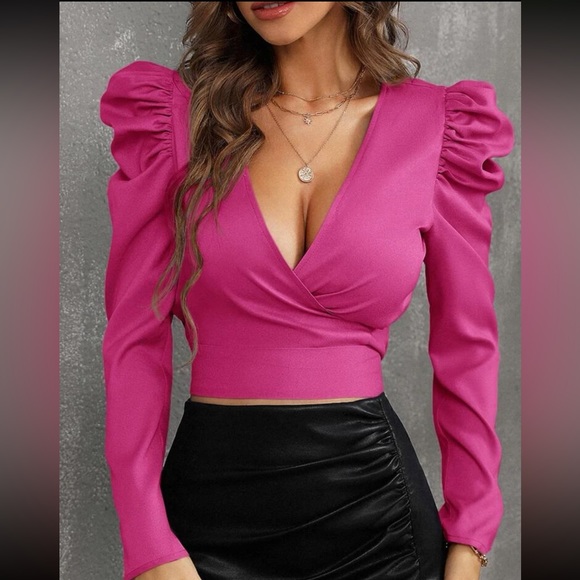 Sexy blue gigot sleeve wrap tie back top - Picture 8 of 16